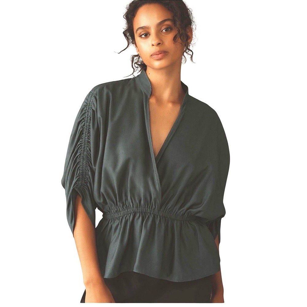 Maeve Anthropologie Blouse Green Peplum Ruched Surplice V-Neck Linen Blend L